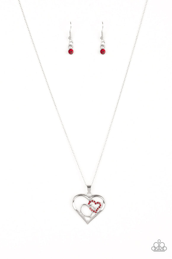 Cupid Charm - Red Rhinestone Heart in Silver Heart Short Necklace