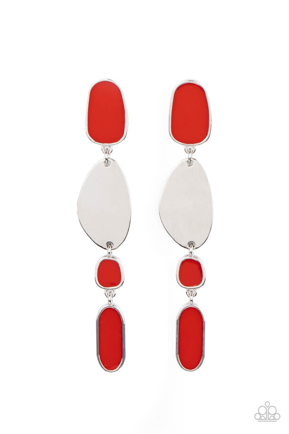 Deco By Design - Red - Multi Painted Finish Asymmetrical Frames Link Silver Frame Post Earrings