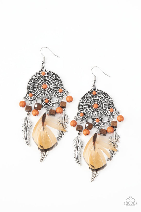 Desert Plains - Orange Feather Fish Hook Earrings