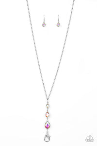 Don't Mind if I Dew - Multi Rainbow Iridescence Trio Teardrop Rhinestones Lanyard Long Necklace