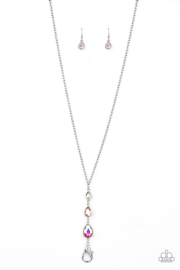 Don't Mind if I Dew - Multi Rainbow Iridescence Trio Teardrop Rhinestones Lanyard Long Necklace