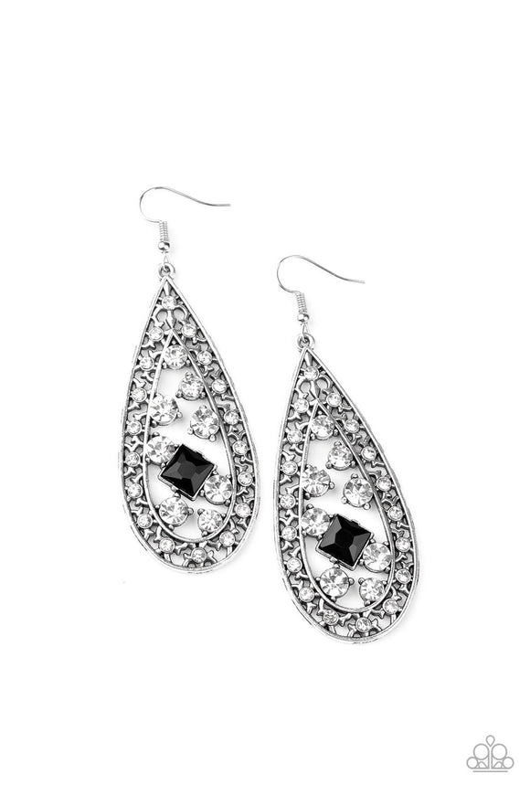 Drop-Dead Dazzle - Black Glittery Rhinestone White Rhinestones Fishhook Earrings