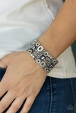 Dynamically Diverse - Silver Flat Studs Mismatched Shapes Hematite/Smoky Rhinestones Stretchy Bracelet