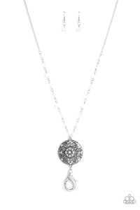 Everyday Enchantment - White Beads White Rhinestones Floral Medallion Long Lanyard Necklace