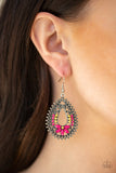 Atta-GALA - Green/Grey and Pink/Yellow Flower on Bottom of silver Teardrop Frame Fishhook Earrings