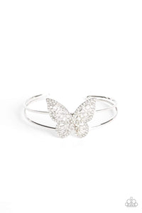 Butterfly Bella - White - Gold Rhinestones Airy Silver Butterfly Cuff Bracelet