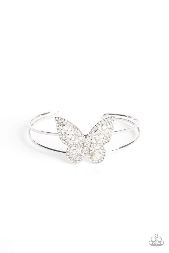 Butterfly Bella - White - Gold Rhinestones Airy Silver Butterfly Cuff Bracelet