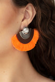 Fan the Flamboyance - Orange - Green Neon Thread Fans Silver and Wooden Frame Post Earrings