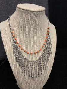 Fierce in Fringe - Orange Dainty Beads Silver Chains Fringe Short Necklace