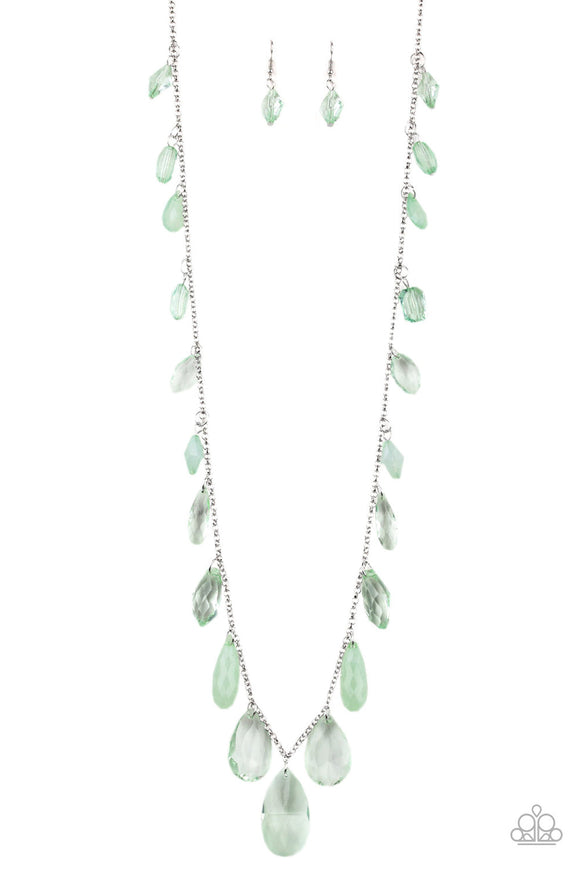 Glow and Steady Wins the Race - Green - Black Glassy and Cloudy Crystal-Like Beads Long Necklace