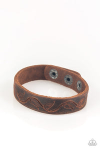 Happy Harvester - Brown Leather Leafy Stamped Pattern Urban Snap Wrap Bracelet