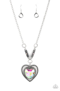 Heart Full of Fabulous - Multi - Pink Oversized Iridescent Heart Gem Inside Silver Heart Short Necklace