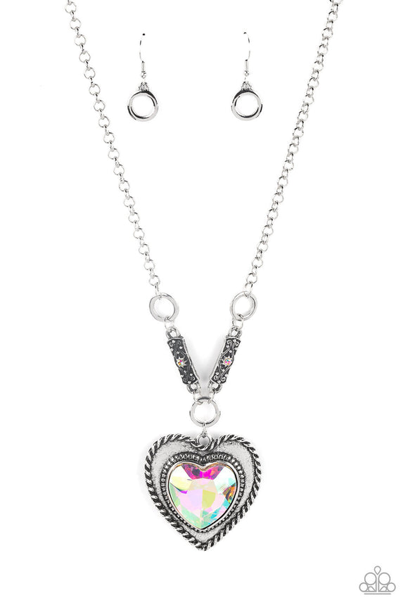 Heart Full of Fabulous - Multi - Pink Oversized Iridescent Heart Gem Inside Silver Heart Short Necklace