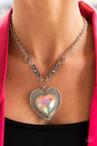 Heart Full of Fabulous - Multi - Pink Oversized Iridescent Heart Gem Inside Silver Heart Short Necklace