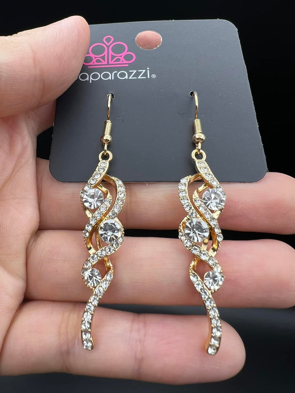 Highly Flammable - Gold Fishhook Earrings with White Rhinestones - Fashion Fix Exclusive Aug. 2022