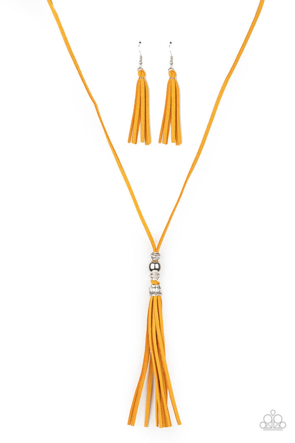 Hold My Tassel - Yellow Suede Silver Beads Long Necklace