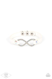 Innocent Till Proven Glitzy - Multi Glittery Iridescent Rhinestones Infinity Symbol Attached to a White Leather Snap Wrap Bracelet - LOP Bracelet