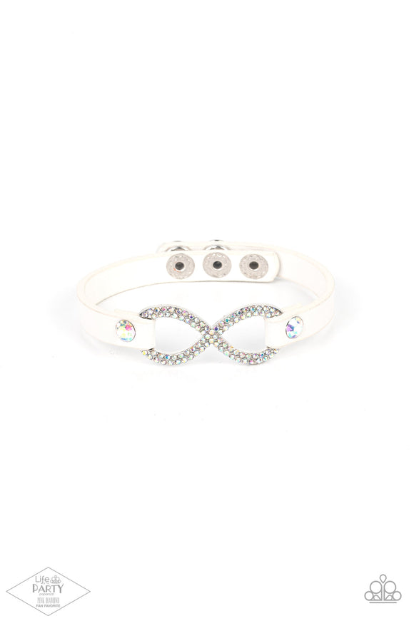 Innocent Till Proven Glitzy - Multi Glittery Iridescent Rhinestones Infinity Symbol Attached to a White Leather Snap Wrap Bracelet - LOP Bracelet