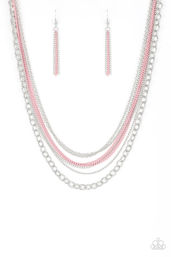 Intensely Industrial - Pink Painted Finish and Silver Chains Short Necklace