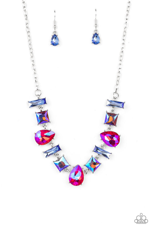 Interstellar Ice - Pink Iridescent and Oil Spill Emerald Cut Blue - Silver Teardrop Gems Short Necklace