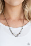 Leading Socialite - Black/Gunmetal Frame and Chain Glassy White Rhinestones Short Necklace