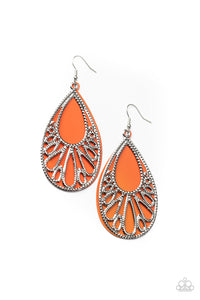 Loud and Proud - Orange Acrylic Teardrop Overlaps Behind Airy Silver Teardrop Frame Fishhook Earrings