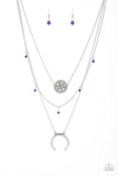 Lunar Lotus - Black, Blue, Pink, Purple Crescent Frame Swings from Bottom Short Necklace