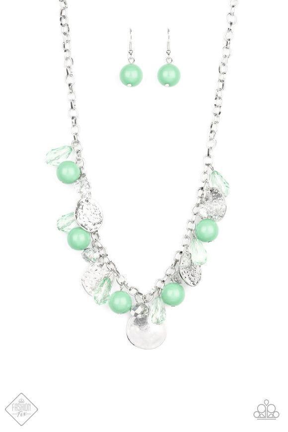 Prismatic Sheen - Green - Yellow Crystals and Beads Silver Hammered Discs Short Necklace