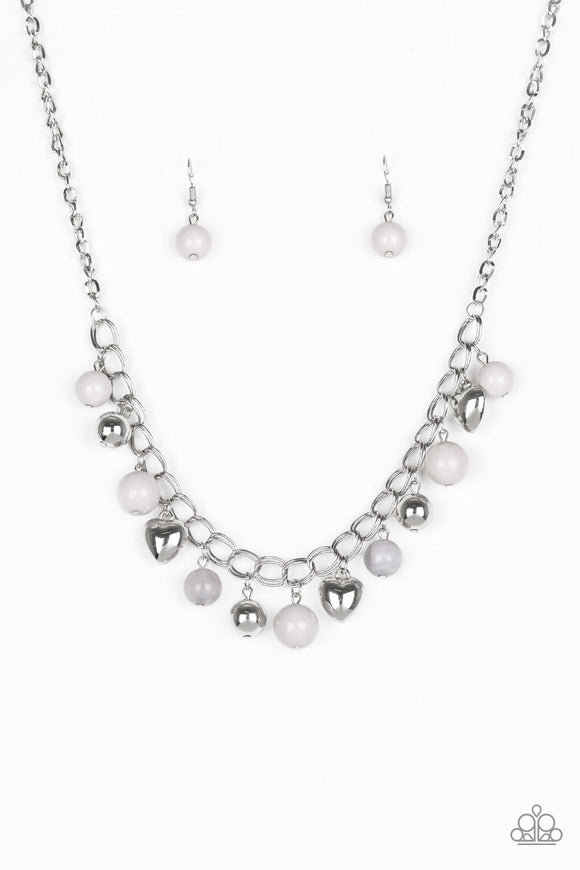 Summer Fling - Silver Beads and Hearts Grey Beads Short Necklace