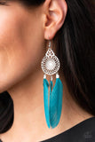 Pretty in Plumes - Blue - Brown Feathers Swing from Silver Frame Fishhook Earrings