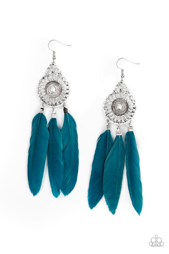 Pretty in Plumes - Blue - Brown Feathers Swing from Silver Frame Fishhook Earrings