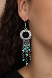 Primal Prestige - Blue - White Pebbles and Dainty Wooden Beads Tassels bottom of Hammered Silver Hoop Fishhook Earrings