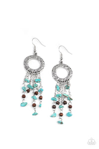 Primal Prestige - Blue - White Pebbles and Dainty Wooden Beads Tassels bottom of Hammered Silver Hoop Fishhook Earrings