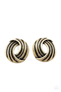 Rare Refinement - Brass Ribbons Folded Round Frame Post Earrings