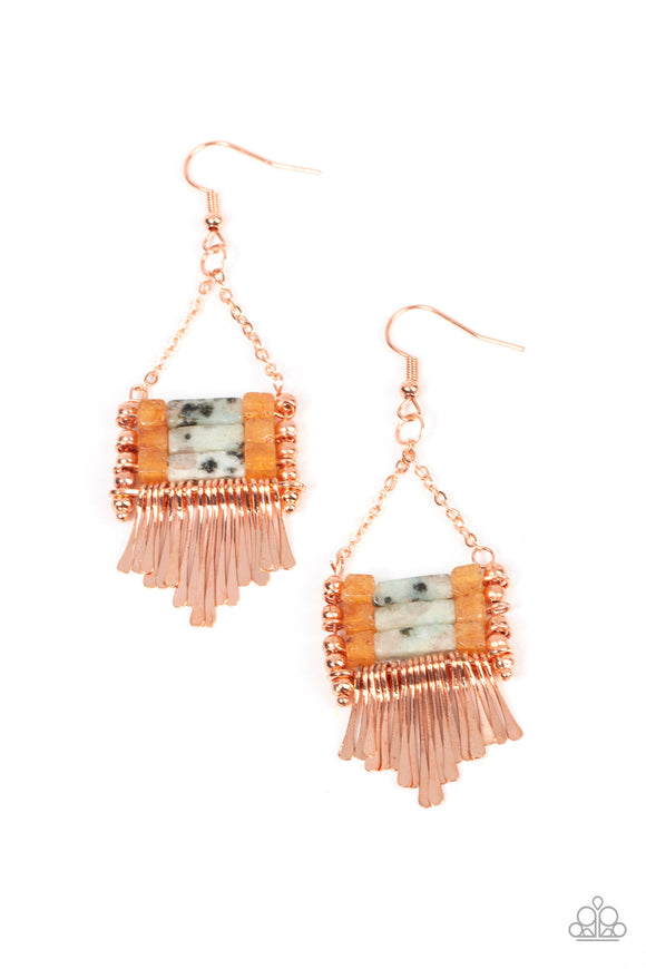 Riverbed Bounty - Copper Rods Dangle From speckled stones Fishhook Earrings