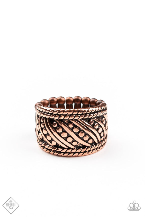 Slanted Shimmer - Copper Bars Rope-Like Texture Wide Band Ring - Fashion Fix Ring Nov. 2020