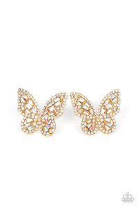 Smooth Like FLUTTER - Gold Winged Butterfly with Iridescent/Oil Spill Rhinestones Post Earrings