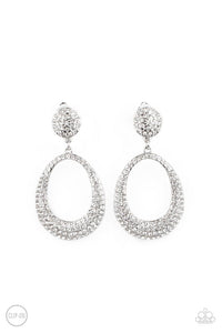 Sophisticated Smolder - White Rhinestone Encrusted Oval Hoop Clip-On Earrings