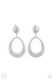 Sophisticated Smolder - White Rhinestone Encrusted Oval Hoop Clip-On Earrings