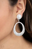 Sophisticated Smolder - White Rhinestone Encrusted Oval Hoop Clip-On Earrings