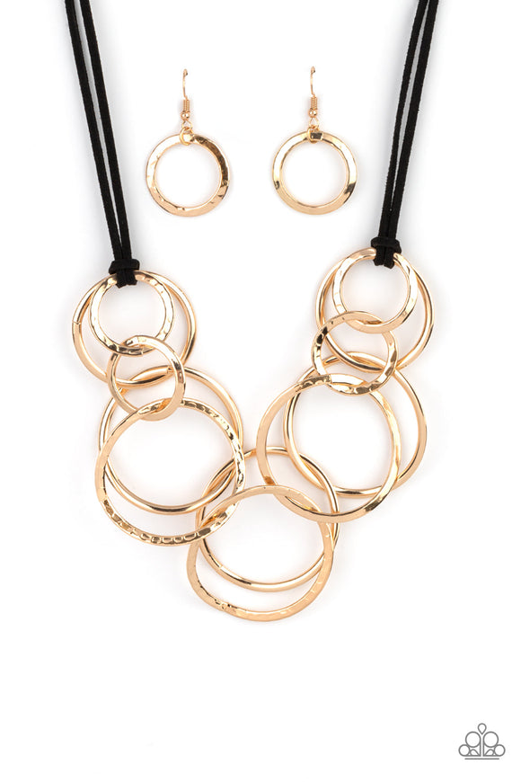 Spiralling Out of COUTURE - Gold Rings on a Black Suede Cord Short Necklace