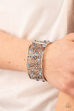 Spring Greetings - White - Blue Iridescent Rhinestones Daisy Patterns Stretchy Bracelet