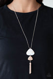 Tide You Over - Rose Gold Tassel Bottom of Two Triangular Discs White Shell-Like and Rose Gold Long Necklace