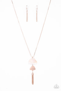 Tide You Over - Rose Gold Tassel Bottom of Two Triangular Discs White Shell-Like and Rose Gold Long Necklace