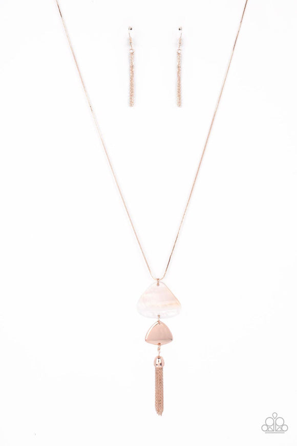 Tide You Over - Rose Gold Tassel Bottom of Two Triangular Discs White Shell-Like and Rose Gold Long Necklace