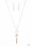 Tide You Over - Rose Gold Tassel Bottom of Two Triangular Discs White Shell-Like and Rose Gold Long Necklace