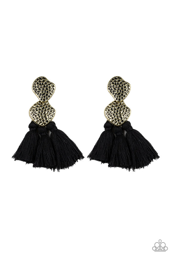 Tenacious Tassel - Black - Green Threaded Tassels Brass Post Earrings