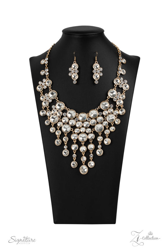 The Rosa - Gold Sleek Frame White Glassy Cluster of Rhinestones Short Necklace 2020 ZI Piece Collection