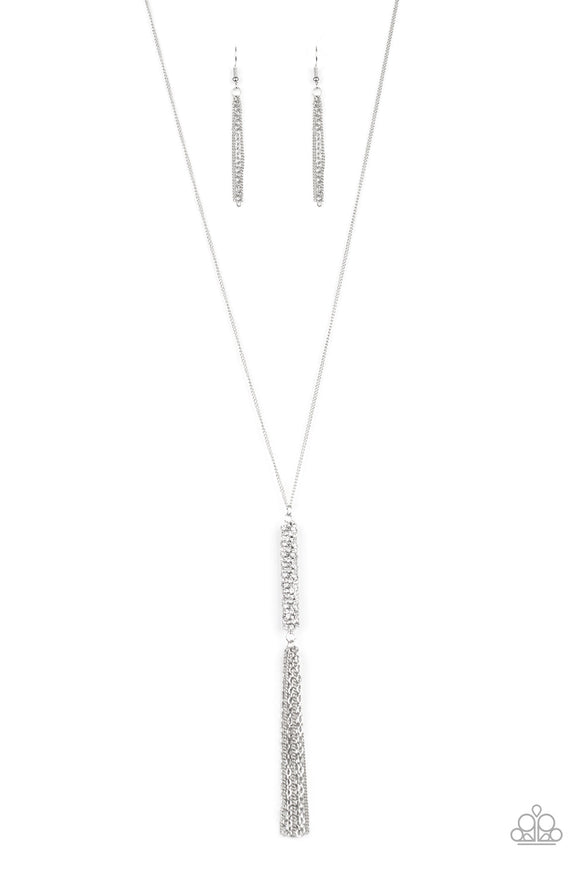 Towering Twinkle - White Glassy Rhinestones Spins into a Rounded Silver Pendant Silver Tassels Long Necklace