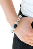 Upper Manhattan - Blue - White Pearly and Shiny Silver Beads Stretchy Bracelet